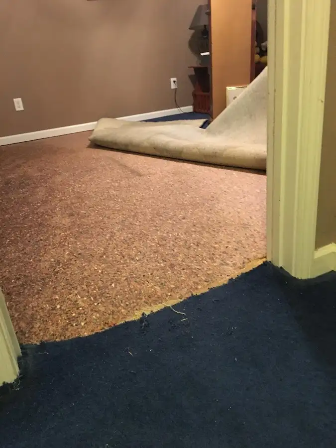 Carpet pad removal revealing water damage during Water Mitigation Services in New Castle